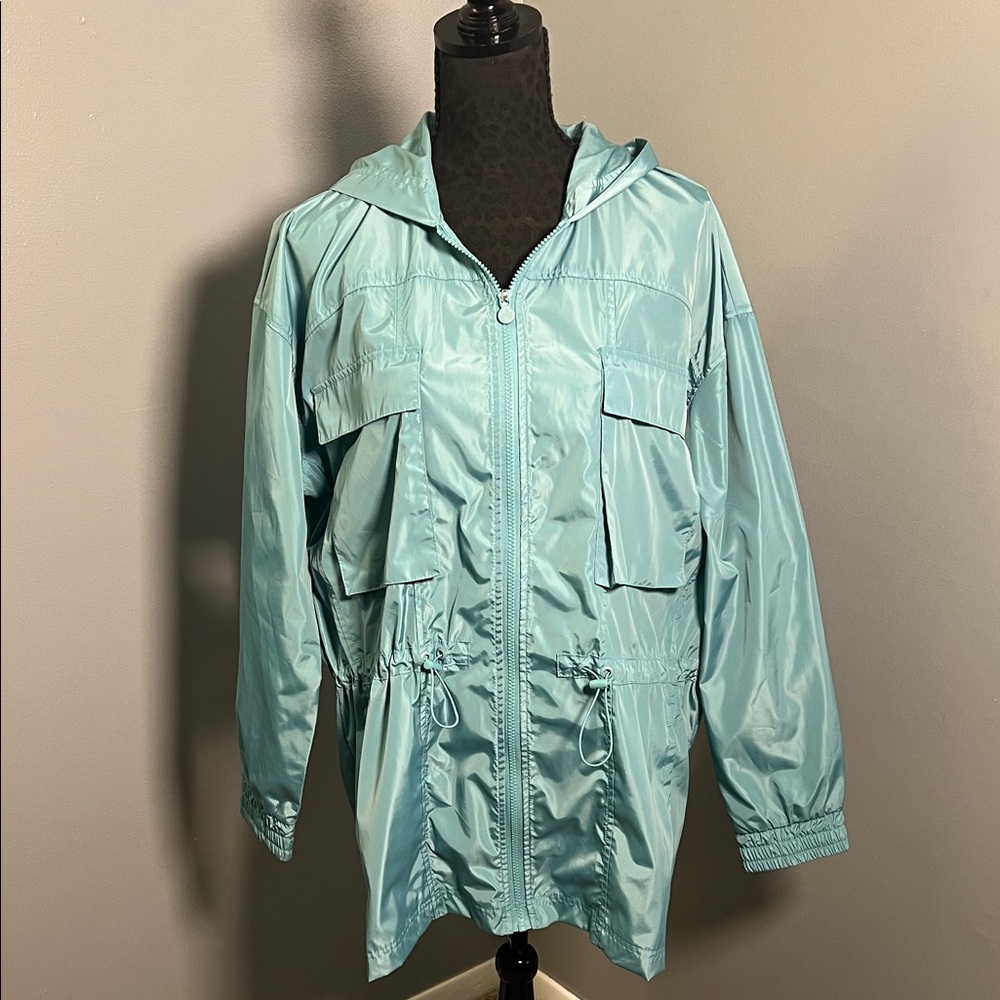 Apana Light Teal Windbreaker Jacket size Large with cinched waist